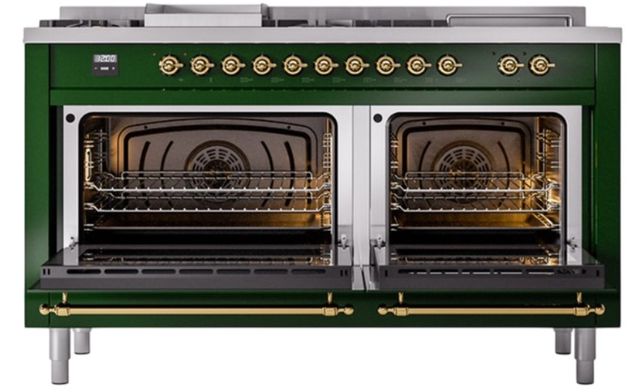Ilve® Nostalgie II Noblesse 60'' Emerald Green Pro Style Dual Fuel Range with Brass Trim-2