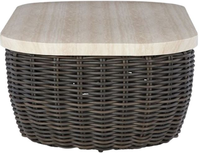 Signature Design by Ashley® Kimora Beige Resin Wicker Outdoor Cocktail Table with Dark Brown Base-2