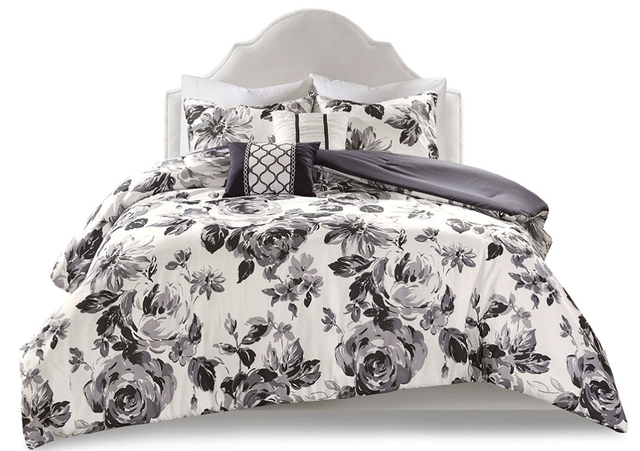 Olliix by Intelligent Design Black and White Full/Queen Dorsey Floral Print Comforter Set-0