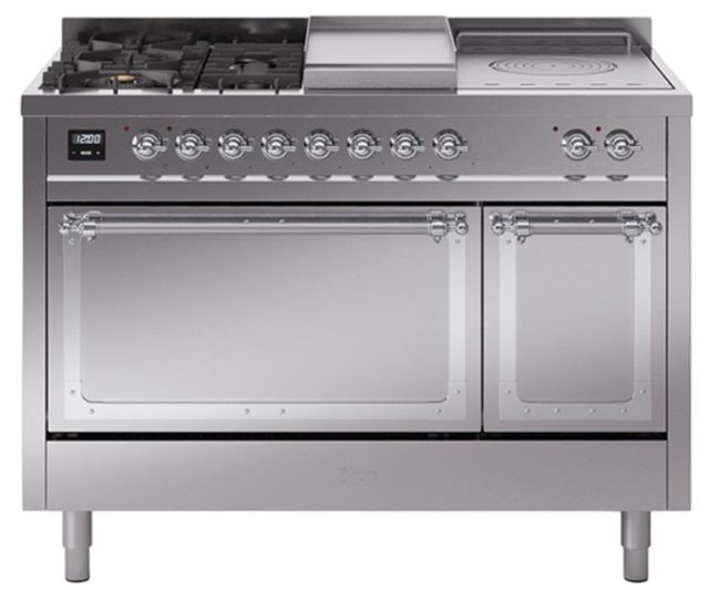 Ilve® Nostalgie II Noblesse 48'' Stainless Steel Pro Style Dual Fuel Range with Chrome Trim-0