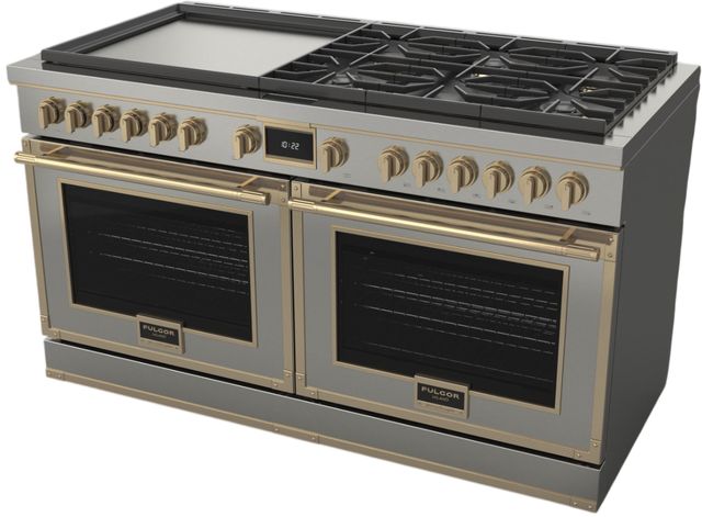 Fulgor Milano® Evoque 400 Series 60" Stainless Steel Pro Style Dual Fuel Hybrid Range with Brushed Brass Trim -2