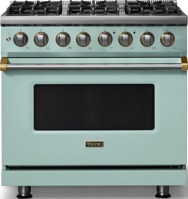 Viking® 5 Series 36" Splash Pro Style Dual Fuel (LP) Range with Brushed Brass Trim-0