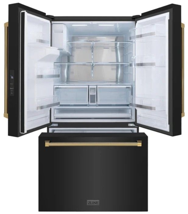 ZLINE Autograph Edition 36" 28.9 Cu. Ft. Black Stainless Steel Standard-Depth French Door Fingerprint-Resistant Refrigerator with External Water Dispenser and Dual Ice Maker in Polished Gold Helix Handles-1