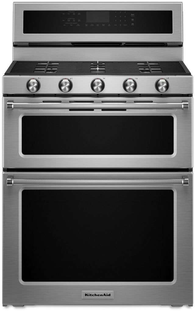 KitchenAid® 30" Stainless Steel Freestanding Dual Fuel Double Oven Range-0