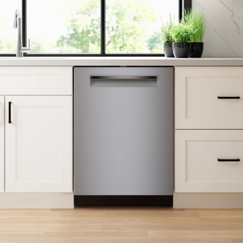Dishwasher open with clean dishes Dishwasher open with clean dishes