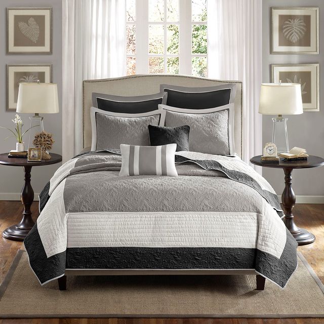 Olliix by Madison Park 7 Piece Black Full/Queen Attingham Reversible Coverlet Set-1