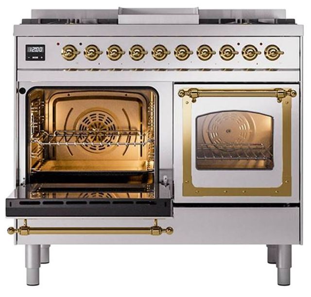 Ilve® Nostalgie II Noblesse 40'' Stainless Steel Pro Style Dual Fuel Range with Brass Trim-3