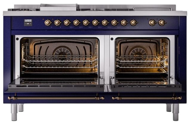 Ilve® Nostalgie II Noblesse 60'' Midnight Blue Pro Style Dual Fuel Range with Burnished Trim-2