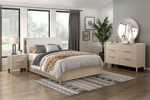 front view of a light wooden minimalist bedroom set in a modern bedroom