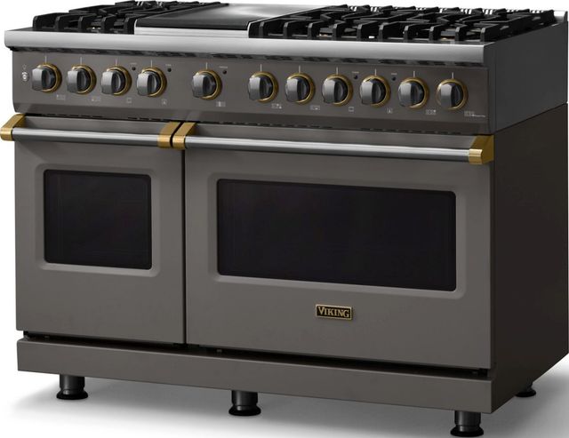 Viking® 5 Series 48" Damascus Gray Pro Style Dual Fuel (NG) Range with Brushed Brass Trim-3