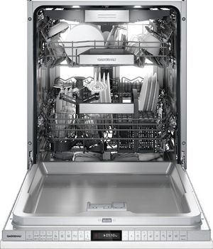 Front view of the opened Gaggenau 400 Series 24" Panel Ready Top Control Built In Dishwasher