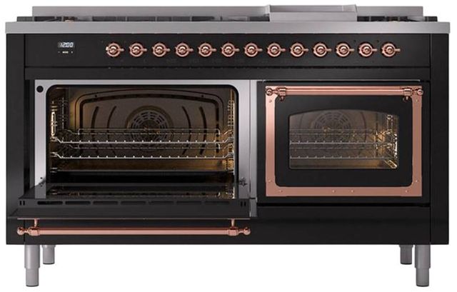Ilve® Nostalgie II Noblesse 60'' Glossy Black Pro Style Dual Fuel Range with Copper Trim-3