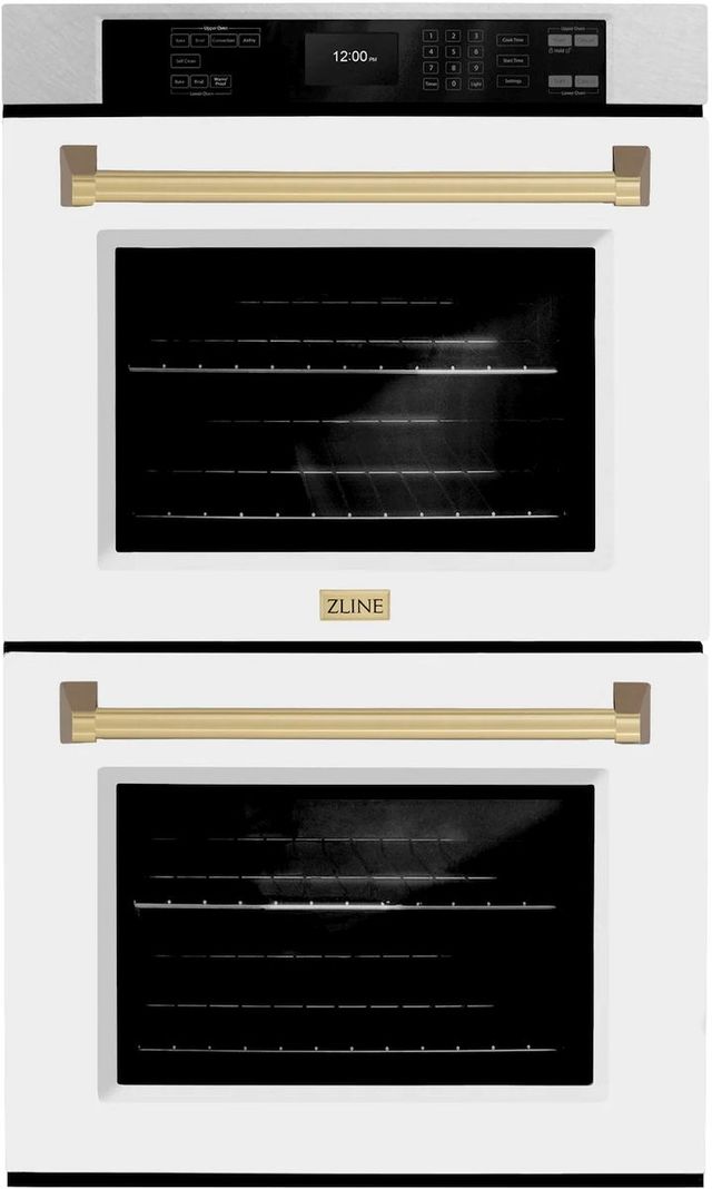 ZLINE Autograph Edition Professional 30" Satin Stainless Steel Double Electric Wall Oven with White Matte Doors and Champagne Bronze Accents-0