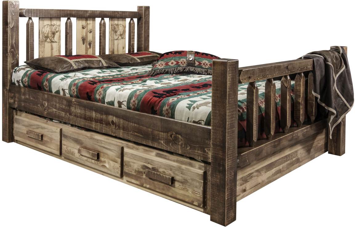 Montana Woodworks® Homestead Stain & Clear Lacquer California King Storage Bed with Laser Engraved Bear Design