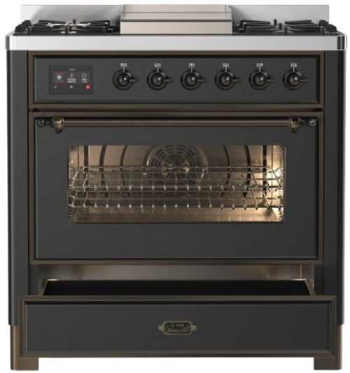 Ilve® Majestic III 36" Graphite Matte Pro Style Dual Fuel Natural Gas Range with 6 Black Brass Burners and Burnished Trim-2