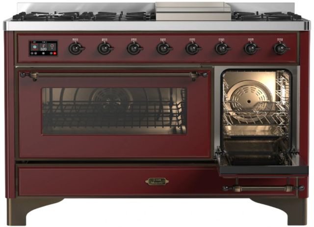Ilve® Majestic III 48" Burgundy Pro Style Dual Fuel Liquid Propane Range with Triple Glass Door and Burnished Trim-2