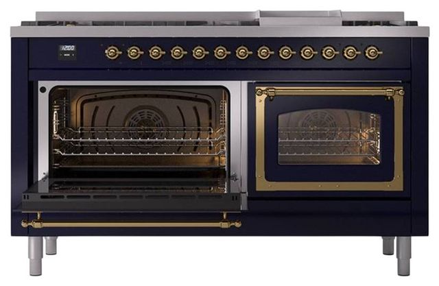 Ilve® Nostalgie II Noblesse 60'' Midnight Blue Pro Style Dual Fuel Range with Brass Trim-3