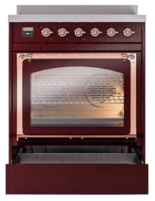 Ilve® Nostalgie II Noblesse 30'' Burgundy Pro Style Induction Range with Copper Trim-3