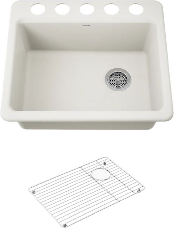 KOHLER® Riverby® Biscuit 25" Undermount Single-Bowl Kitchen Sink with Sink Rack-0