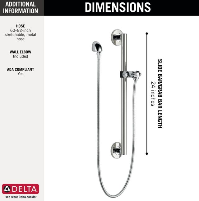 Delta Universal Showering Chrome 24" Adjustable Slide Bar/Grab Bar Assembly with Elbow-1