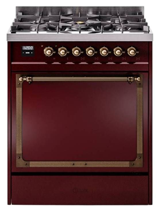 Ilve® Nostalgie II Noblesse 30'' Burgundy Pro Style Dual Fuel Range with Burnished Trim-0