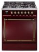 Ilve® Nostalgie II Noblesse 30'' Burgundy Pro Style Dual Fuel Range with Burnished Trim-0