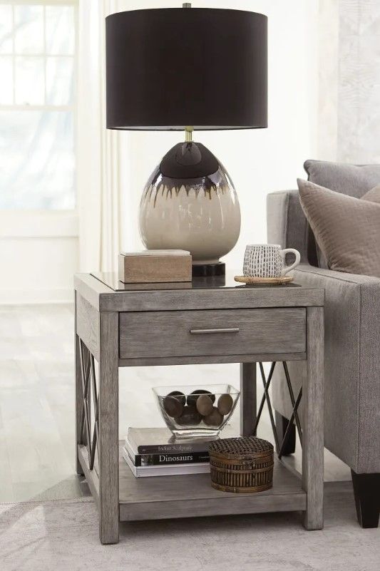 Hammary® West End Bluestone Rectangular End Table with Brown Base-1