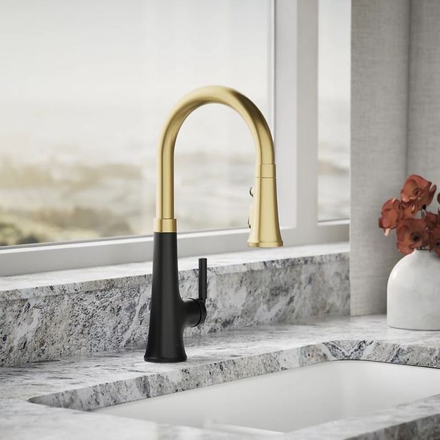KOHLER® Tone® Brushed Moderne Brass/Matte Black Kitchen Sink Faucet with 3-Function Sprayhead-1