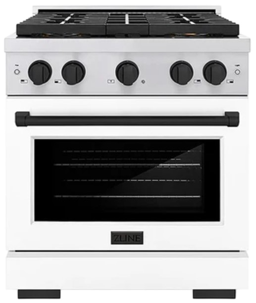 ZLINE Autograph Edition 30 in. 4.2 cu. ft. Paramount Gas Range with 4 Burner DuoPro™ Cooktop and Convection Gas Oven in Stainless Steel with White Matte Door and Matte Black Accents (PSGRZ-WM-30-MB)