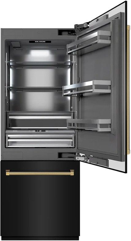 ZLINE Autograph Edition 30" 16.1 Cu. Ft. Black Stainless Steel Built-In Bottom Freezer Refrigerator with Water Dispenser, Ice Maker, Graphite Gray Interior and Polished Gold Helix Handles-2