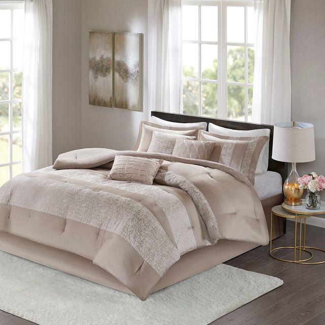 Olliix by Madison Park 7 Piece Taupe Queen Ava Chenille Jacquard Comforter Set-3