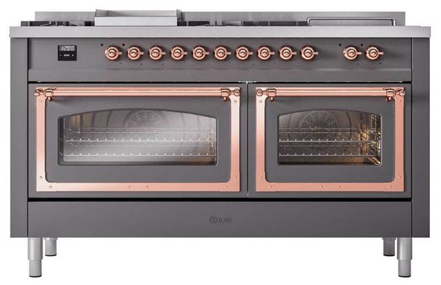 Ilve® Nostalgie II Noblesse 60'' Graphite Matte Pro Style Dual Fuel Range with Copper Trim-1