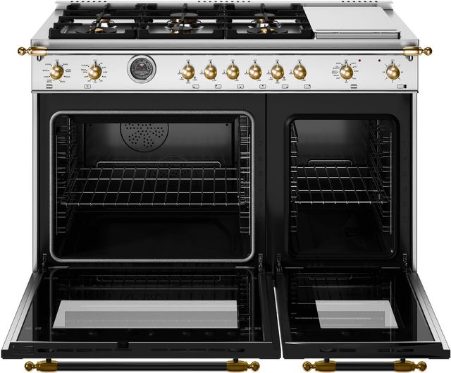 Bertazzoni Heritage Series 48" Fingerprint Resistant Stainless Steel Pro Style Dual Fuel Range with Gold Accents-1