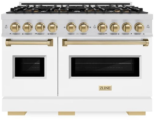 ZLINE Autograph Edition 48" 6.7 cu. ft. Gas Range with 8 Burner DuoPro™ Cooktop and Dual Ovens with White Matte Doors and Champagne Bronze Accents-0