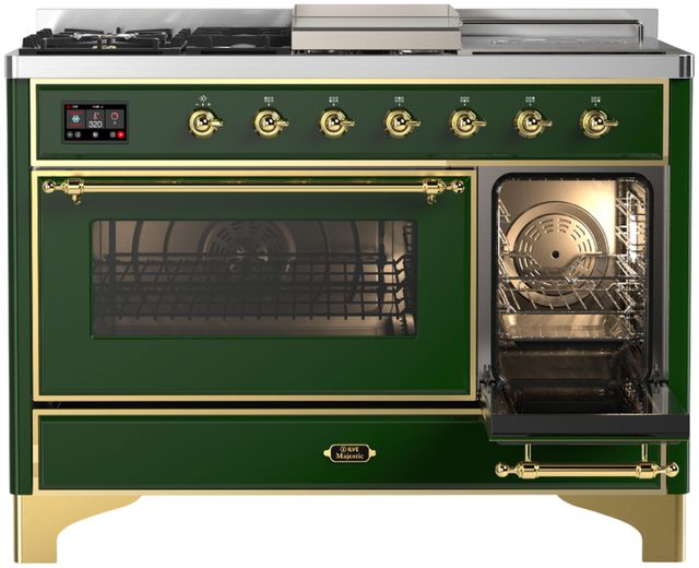 Ilve® Majestic III 48" Emerald Green Pro Style Dual Fuel Liquid Propane Range with 5 Black Brass Burners and Brass Trim-3