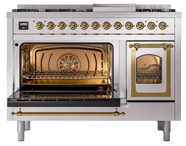 Ilve® Nostalgie II Noblesse 48'' Stainless Steel Pro Style Dual Fuel Range with Brass Trim-3