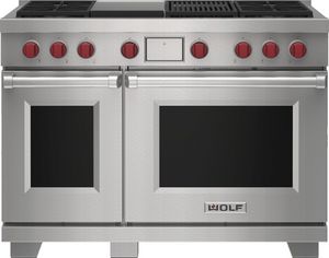 front view of the Wolf® 48" Stainless Steel Freestanding Dual Fuel Range and Infrared Charbroiler and Infrared Griddle