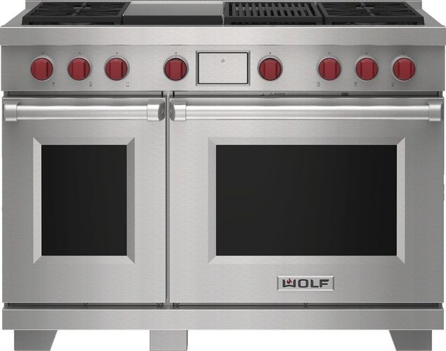 Wolf® 48" Stainless Steel Pro Style Dual Fuel Range and Infrared Charbroiler and Infrared Griddle-0