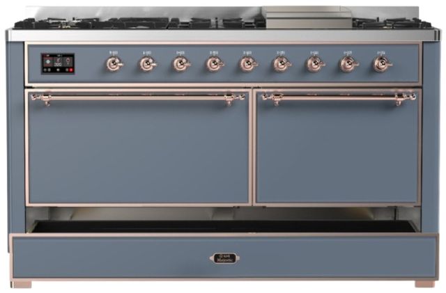 Ilve® Majestic III 60" Blue Gray Pro Style Dual Fuel Liquid Propane Range with Solid Door and Copper Trim-2