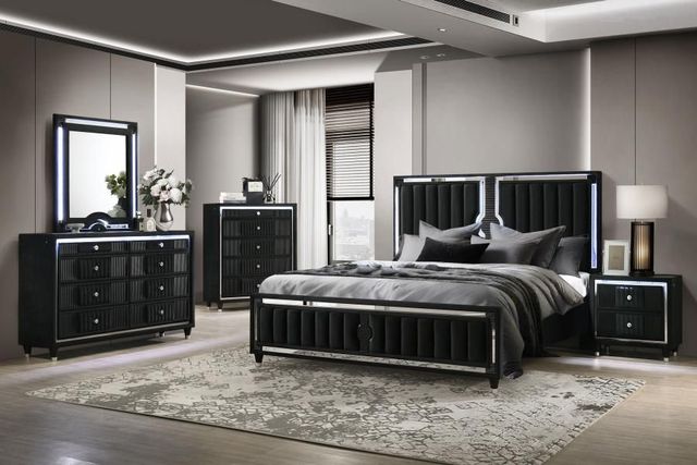 Coaster® Ravenne 5-Piece Black Queen Upholstered Panel Bedroom Set with LED-1