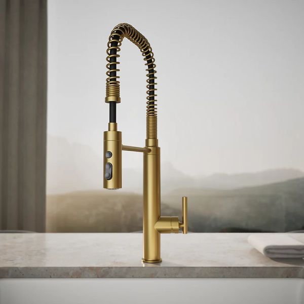 KOHLER® Purist® Vibrant Brushed Moderne Brass Semi-Professional Kitchen Sink Faucet with 3-Function Sprayhead-3