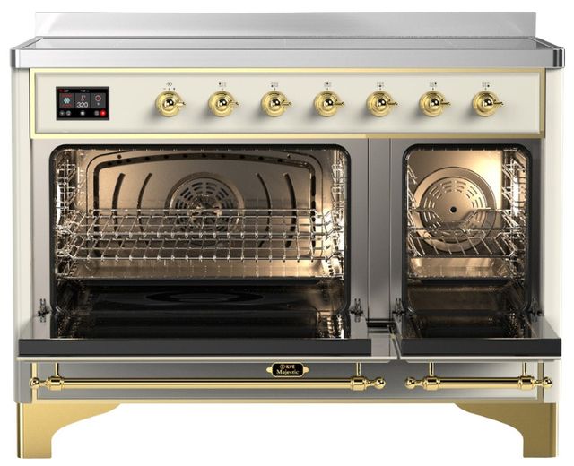 Ilve® Majestic III 48" Antique White Pro Style Induction Range with Solid Door and Brass Trim-1