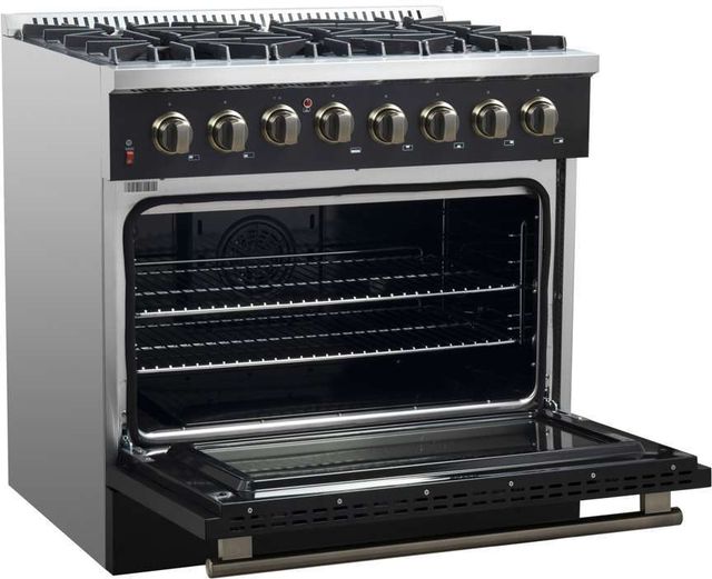 FORNO® Galiano 36" Stainless Steel Pro Style Dual Fuel Range with Black Door with Antique Brass Accents-1