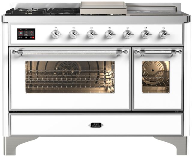 Ilve® Majestic III 48" White Pro Style Dual Fuel Natural Gas Range with 5 Black Brass Burners and Chrome Trim-0