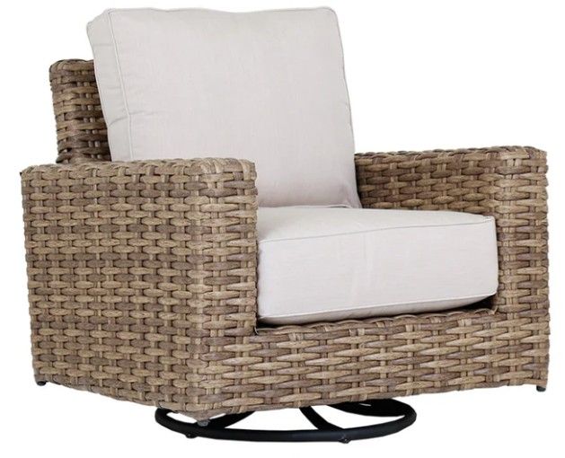Sunset West Havana Aged Tobacco Resin Wicker Outdoor Swivel Club Chair with Canvas Flax Cushion-0