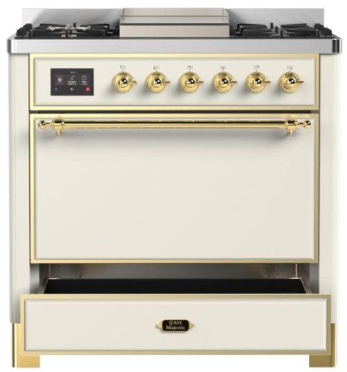 Ilve® Majestic III 36" Antique White Pro Style Dual Fuel Liquid Propane Range with Solid Door and Brass Trim-2