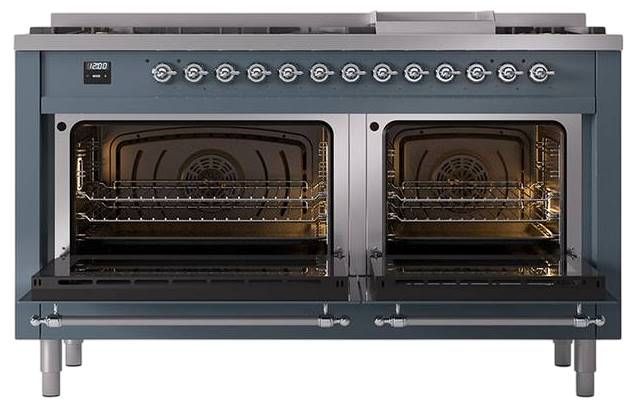 Ilve® Nostalgie II Noblesse 60'' Blue Gray Pro Style Dual Fuel Range with Chrome Trim-2