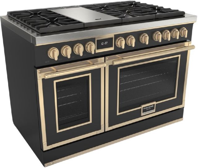 Fulgor Milano® Evoque 400 Series 48” Matte Black Pro Style Dual Fuel Range with Brushed Brass Trim-0