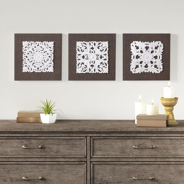 Olliix by Madison Park White Mandala Trinity 3 Piece White and Brown 3D Embellished Linen Canvas-0