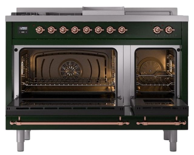 Ilve® Nostalgie II Noblesse 48'' Emerald Green Pro Style Dual Fuel Range with Copper Trim-2